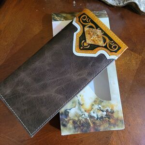 Longhorn Western Wallet Genuine Leather Handtooled Bifold Checkbook brown